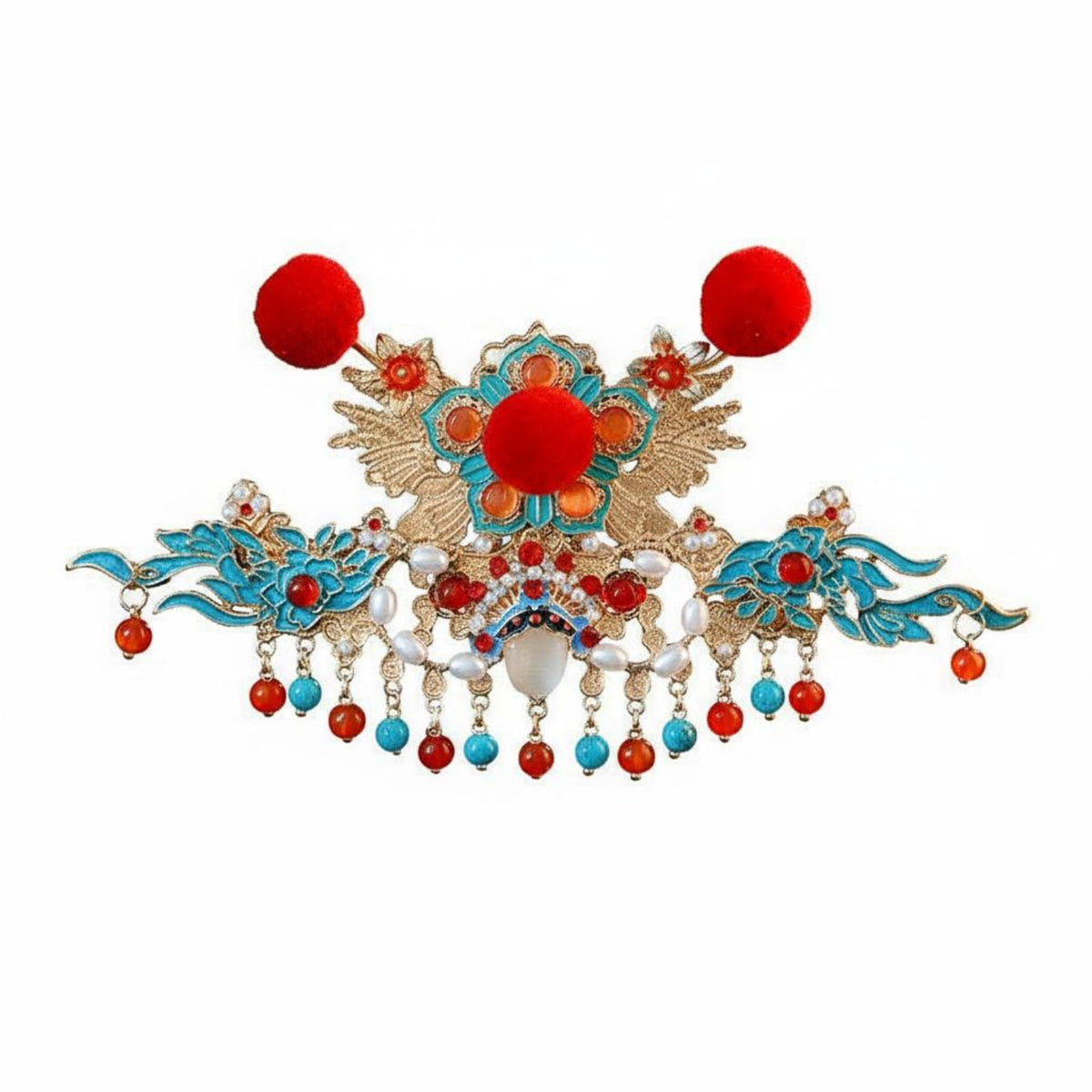Chinese New Year Headpiece Good Fortune Symbol Chinese New Year Hair Crown Red Decorative Puff Tassel Hair Accessory Emblematic