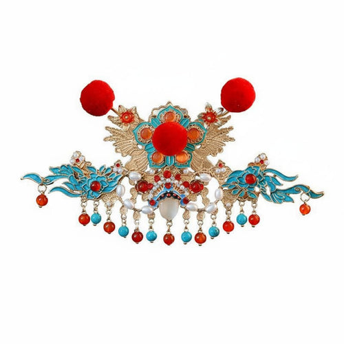 Chinese New Year Headpiece Good Fortune Symbol Chinese New Year Hair Crown Red Decorative Puff Tassel Hair Accessory Emblematic