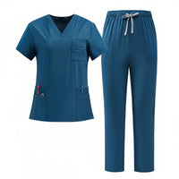 V-Neck Scrub Top and Pants Multi-Pocket Design Short Sleeve Medical Attire
