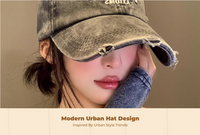 Vintage washed denim sport cap, adjustable fit for women.