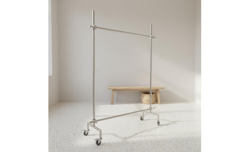 On Wheels Mobile Garment Rack Adjustable Height Rolling Clothes Rack Stainless Steel Single Clothing Stand Heavy Duty for Retail Shop, Boutique, Bedroom, Laundry Room