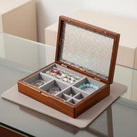Wooden Jewelry Box Sturdy Wood Construction Glass Lid Jewelry Organizer Finger Adornment and Earring Storage Box Soft Textile