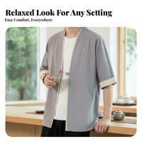 Loose Kimono Cardigan for Men, Chinese Style Summer Robe, Five-Quarter Sleeve, Pan Button, Relaxed Jacket