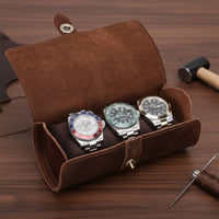 3-Watch Storage Roll Portable 3-Compartment Watch Roll Case Soft Safeguarding Interior Handmade for Men, Display