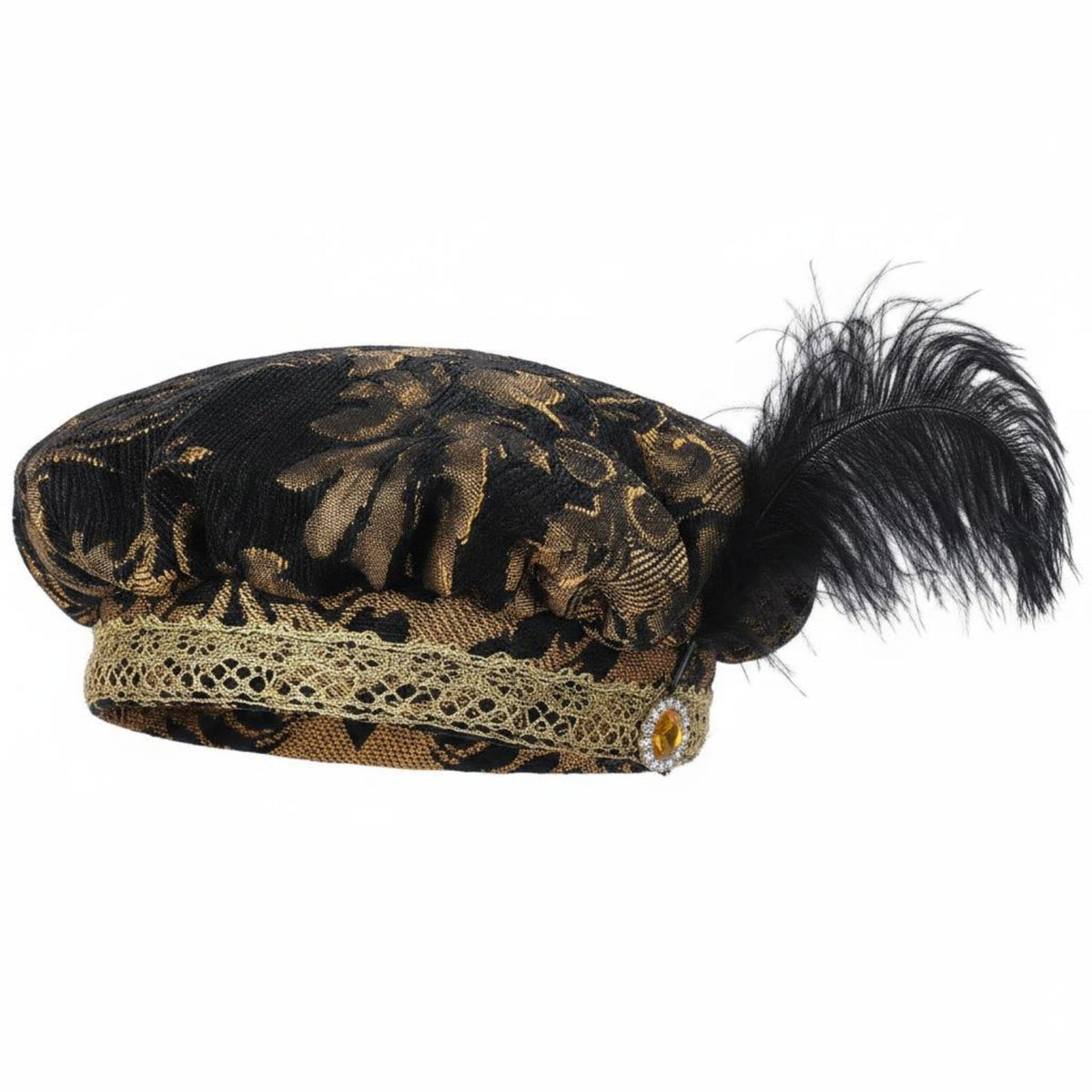 Feathered Medieval Hat Feather Accent Historical Muffin Cap Ornate Trim Medieval Flat Cap for Cosplayers, Actors, Stage Performances