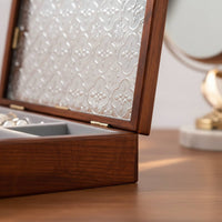 Wooden Jewelry Box Sturdy Wood Construction Glass Lid Jewelry Organizer Finger Adornment and Earring Storage Box Soft Textile