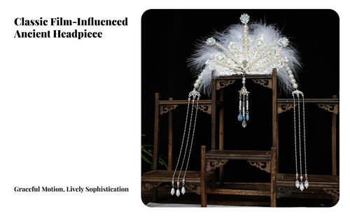 Ancient Design Feather Headdress Long Tassels Tassel Hair Crown Chinese Costume Headpiece Artificial Feathers Crystals Tone