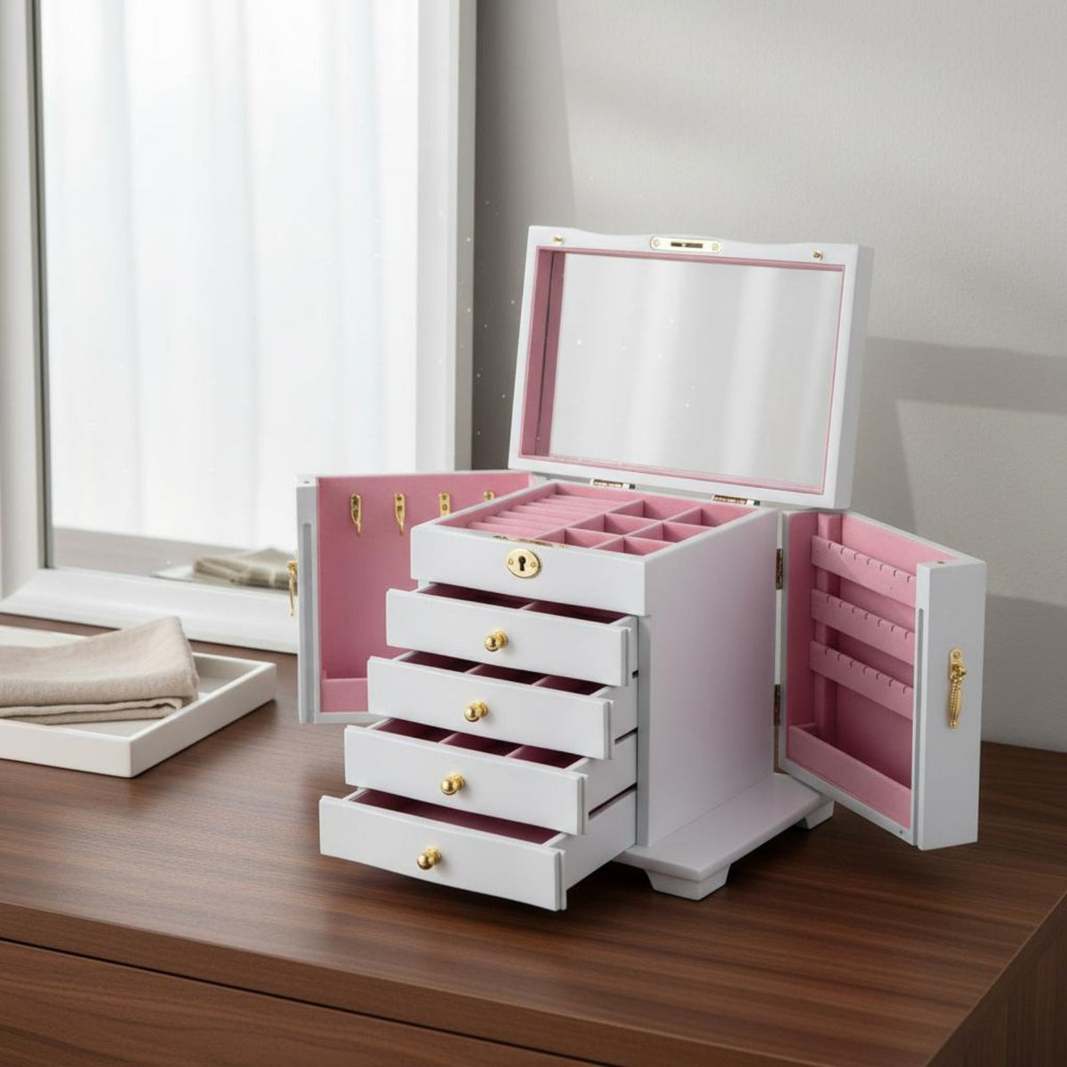 Wooden Jewelry Box Vintage Design Drawer Jewelry Box Large Capacity for Bedroom