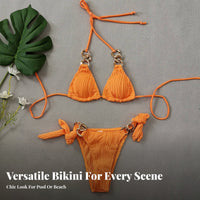 Adjustable Ties Textured Bikini with Gold Chain Alluring Chain Linked Halter Bikini Soft & Comfortable for Young Adults, Summer, Vacation