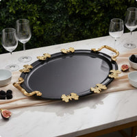 Black and Gold Tray Ornate Handles Oval Metal Tray