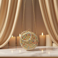 Beaded Round Clutch Wrist Strap Wristlet Evening Bag Glittery for Party, Women