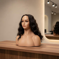 Female Manikin Head with Shoulders PVC Material Realistic Mannequin Head with Shoulders Pierced Ears Hairpiece Display Bust for Retail Store