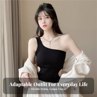 Single Shoulder Top Built-in Pads Padded Camisole Ribbed Cutout Top Korean Design Close Fit for Young Women, Summer