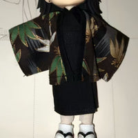 3 Pieces Black Waist Sash Wide Sleeves foliagePattern Kimono Jacket Matching Set