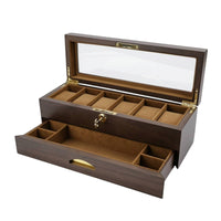 Watch Box with Glass Lid Lockable Wooden Jewelry Organizer 6-Slot for Dresser