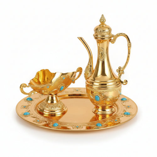 Drink Serving Set Side Handle Glossy Panels Tableware Vintage Teapot Set with Tray