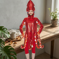Squid Costume Shiny-Look Jumpsuit with Hood Novelty Bodysuit for Cosplay