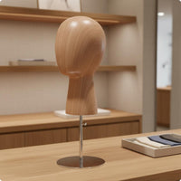 Wood Grain Hairpiece Stand Metal Base Hat Display Head Sturdy for Hair Stylists