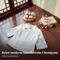 Chinese Cheongsam, Vintage Tang Suit, Navy Porcelain Embroidery, Extended Size