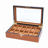 Wooden Watch Box Hinged Top Glass Lid Watch Box Front Lock