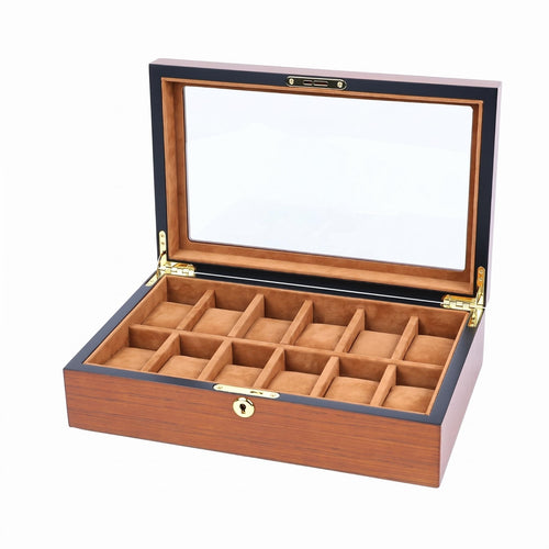 Wooden Watch Box Hinged Top Glass Lid Watch Box Front Lock