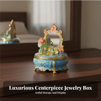 Ideal Gift Enameled Trinket Box with Mirror Exquisite Engraving Miniature Dressing Table Jewelry Box Rhinestone Accents for Women, Girls