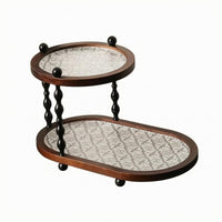 Oval Storage Rack Black Turned Columns Two-Tier Rack Brown Wood-Tone