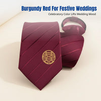 Red No-Knot Tie, Double Happiness Bird, Men's Wedding Groom, Festive, Formal Accessory