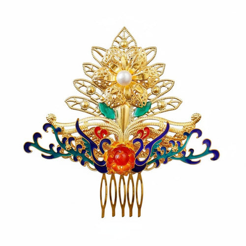 Traditional Chinese Attire Hair Accessory Handmade Traditional Chinese Hair Comb Gilded Floral Headpiece Artisanal Headdress