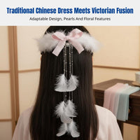 Feather Hair Clip, Traditional Chinese Victorian Headpiece, Long Ribbon, Handmade Sweet Hair Accessory