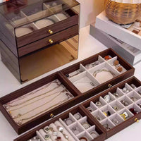 Walnut Wood Jewelry Box Velvet Lined Tiered Jewelry Storage Box Transparent Lid for Dresser, Bedroom