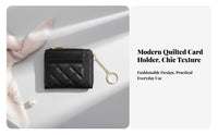 Soft PU Leather Quilted Card Holder with Keychain Lightweight Slim Quilted Card Holder Secure Zipper Closure for Women, Daily Use, Commuting