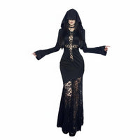 Hooded Lace Mermaid Dress Slim Fit Long Sleeve Fishtail Gown Bell Sleeves