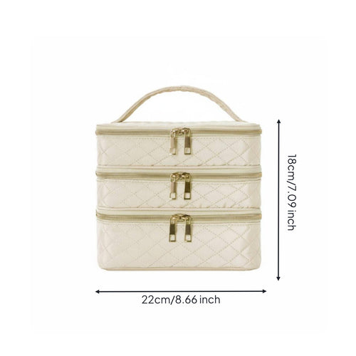 3-Layer Makeup Case Double Zipper Quilted Cosmetic Organizer for Business Trip