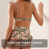Modest Coverage High Waist Ruffle Bikini Vintage Inspired Floral Print Bikini Set Quick-Drying for Moms, Adults, Vacation, Resort, Cruise