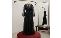V Neck Evening Dress Plus Size Lantern Sleeve Gown Elegant for Banquet, Women