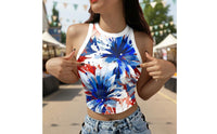 Patriotic Crop Top Slim Fit American Flag Crop Top Digital Print Round Neck Sleeveless Vest for Teens