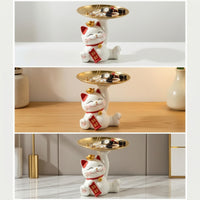 Maneki Neko Tray Auspicious Jewelry Dish with Cat Tabletop for Vanity, Entryway