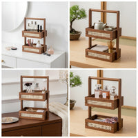 Vanity Tray with Handle Compact 2-Tier Shelf Solid Wood for Countertop
