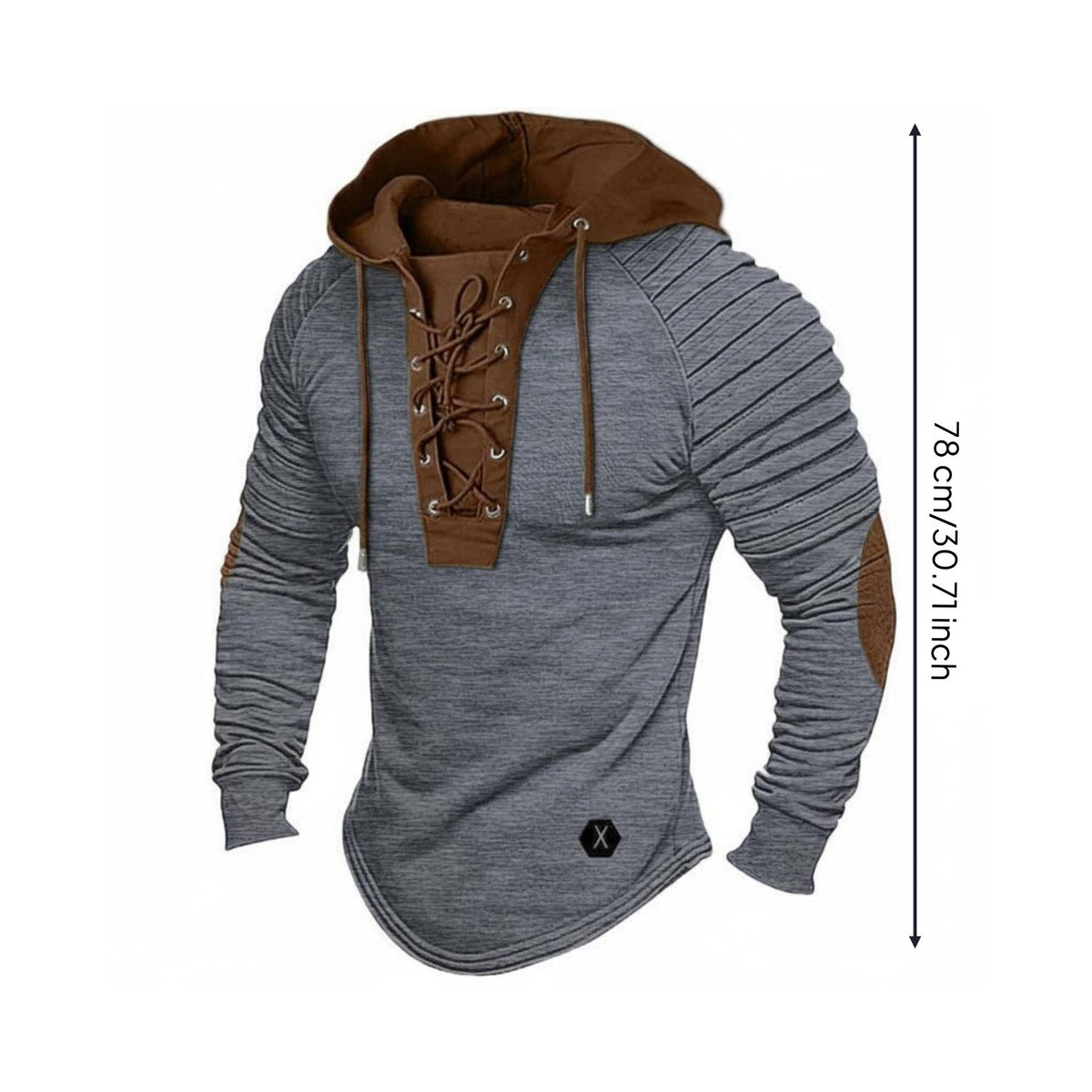 Ruched Sleeve Hooded Shirt Curved Hem Lace up Hoodie Elbow Patches for Cosplay
