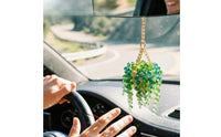 Decorative Beaded Succulent Charm Green Rearview Mirror Charm Gold-Tone Hanging Car Plant Sparkling for Drivers