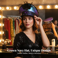 Glitter Naval Officer Hat Crystal Party Hat Iridescent Cap Feather Embellished Cap for Event Attendees, Event S, Raves