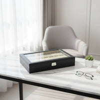 24 Compartment Watch Box Soft Lining Watch Display Case with Glass Top Removable Pillows Water-Resistant for Men