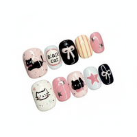 Multi-Color Press On Nails, Cute Cat, Hand-Painted, Fun
