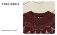 Women’s Red Fair Isle Sweater, Geometric Knit Pullover, Soft Warm, Loose Fit