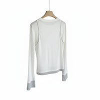 Multicolor Patchwork T-Shirt, Thin Seasonal Round Neck, Fake Two-Piece Long Sleeve Top, Relaxed Pullover for Women