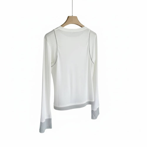 Multicolor Patchwork T-Shirt, Thin Seasonal Round Neck, Fake Two-Piece Long Sleeve Top, Relaxed Pullover for Women