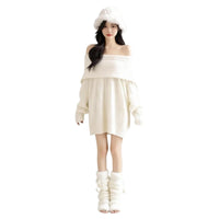 3 Pieces Fuzzy Knit Crop Top Skirt Set Holiday Themed Red Bunny Girl Outfit