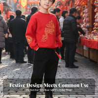 Celestial Creature Flamingo Embroidered Kids Fleece Sweatshirt Set, Chinese Style Traditional Tang Suit, Boys Girls New Year