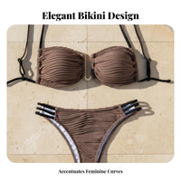 Alluring Design Ruched Bikini Set Removable Pads Ruched Bandeau Bikini Adjustable Straps for Young Adults, Vacation, Sunbathing